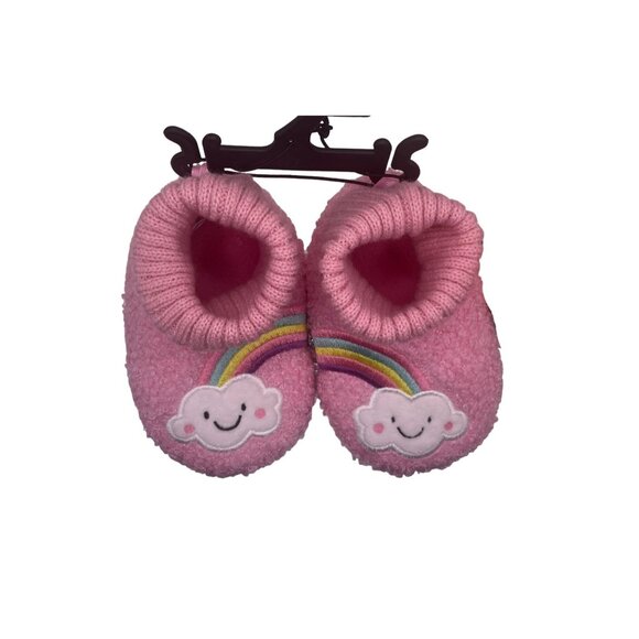 Pink Toddler Fuzzy Booties With Rainbow & Cloud Embroidery Warm & Cozy Design Fo - Picture 1 of 4